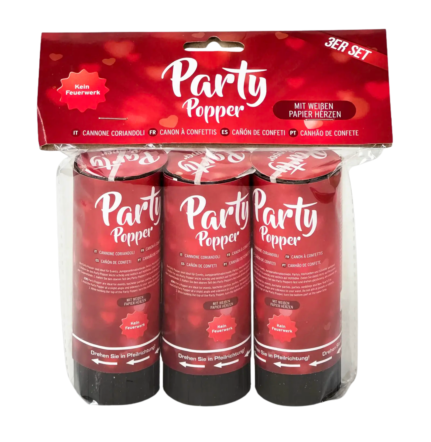 Party Popper "Weiße Herzen", 3er Set