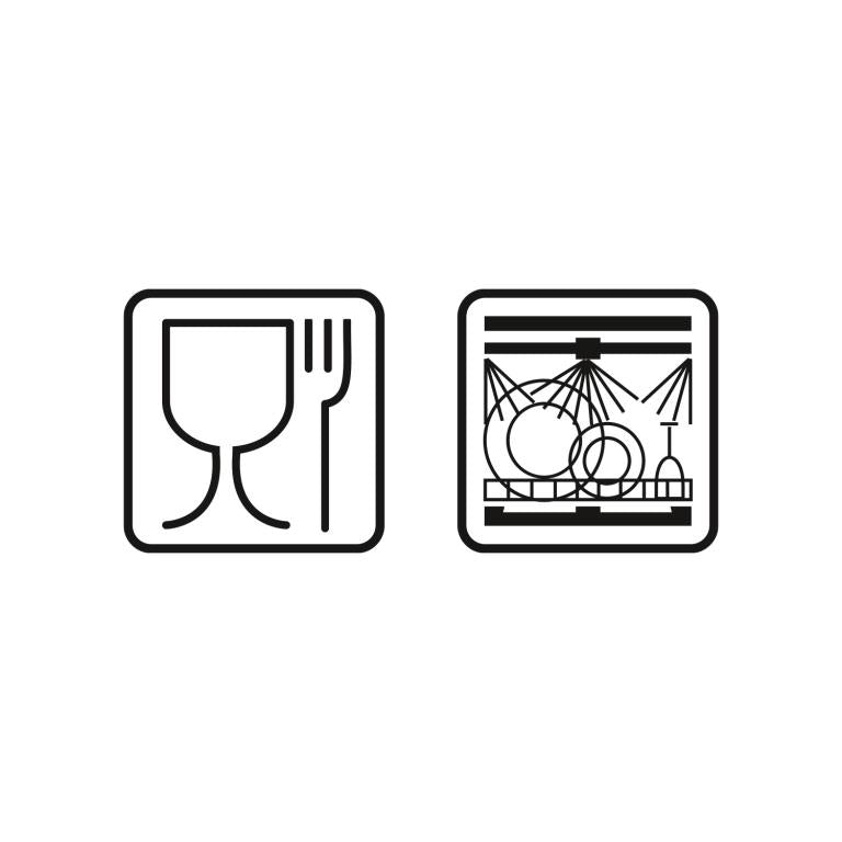 Symbole für "Lebensmittelecht" und "Spülmaschinengeeignet"