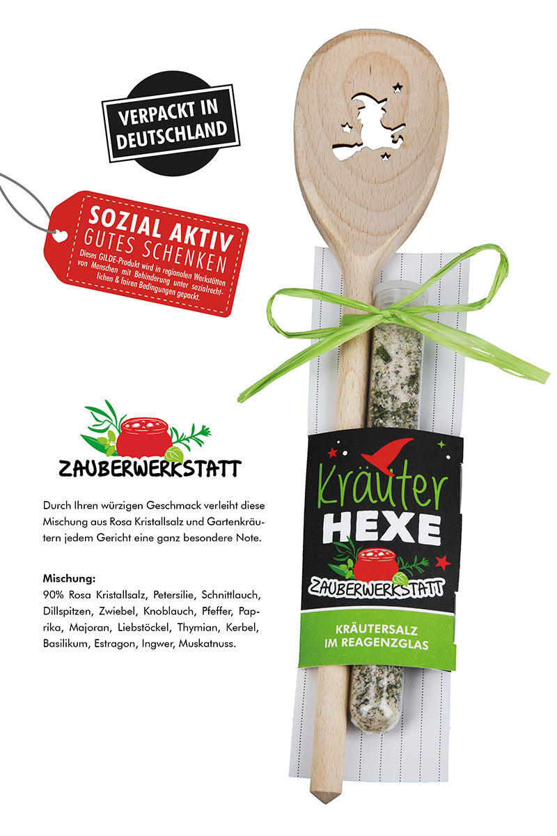 Kochlöffel „Hexenküche“ mit Kräutersalz im Reagenzglas