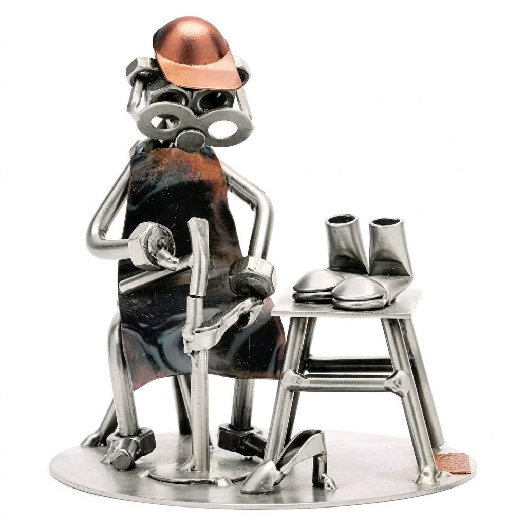 Schraubenfigur eines Schuhmachers mit Brille, Kappe und Schürze bei der Arbeit, neben einem Tisch mit Stiefeln