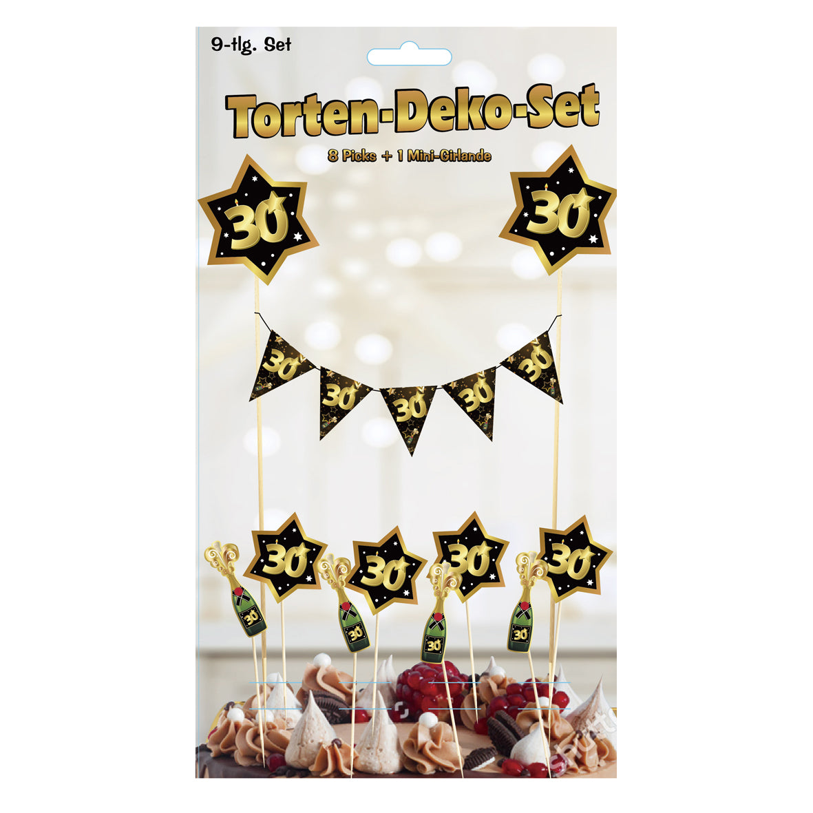 9 tlg. Torten-Deko-Set "Sterne" zum 30. Geburtstag in schwarz/gold