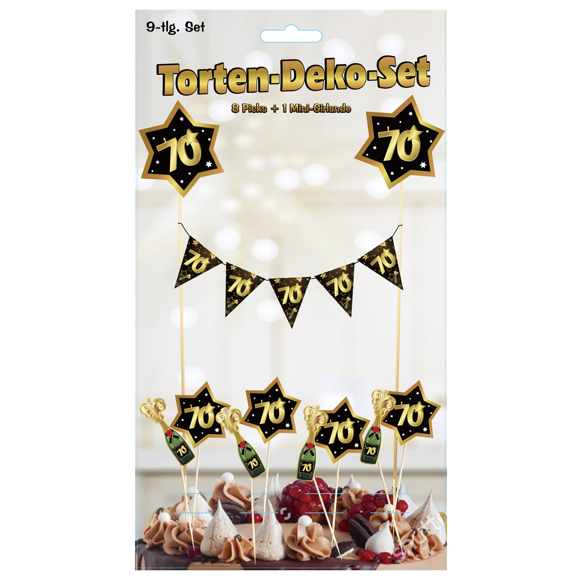 9 tlg. Torten-Deko-Set "Sterne" zum 70. Geburtstag in schwarz/gold