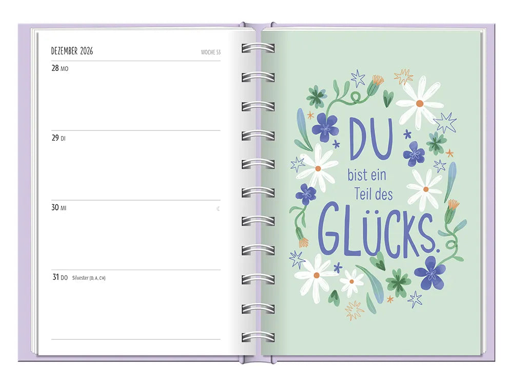 Terminplaner - "Hallo Glück" - 2027 - To-Do Dezember Spruch: "Du bist ein Teil des Glücks" Design: Spruch umrundet mit verschiedenen Blumen und Blättern.