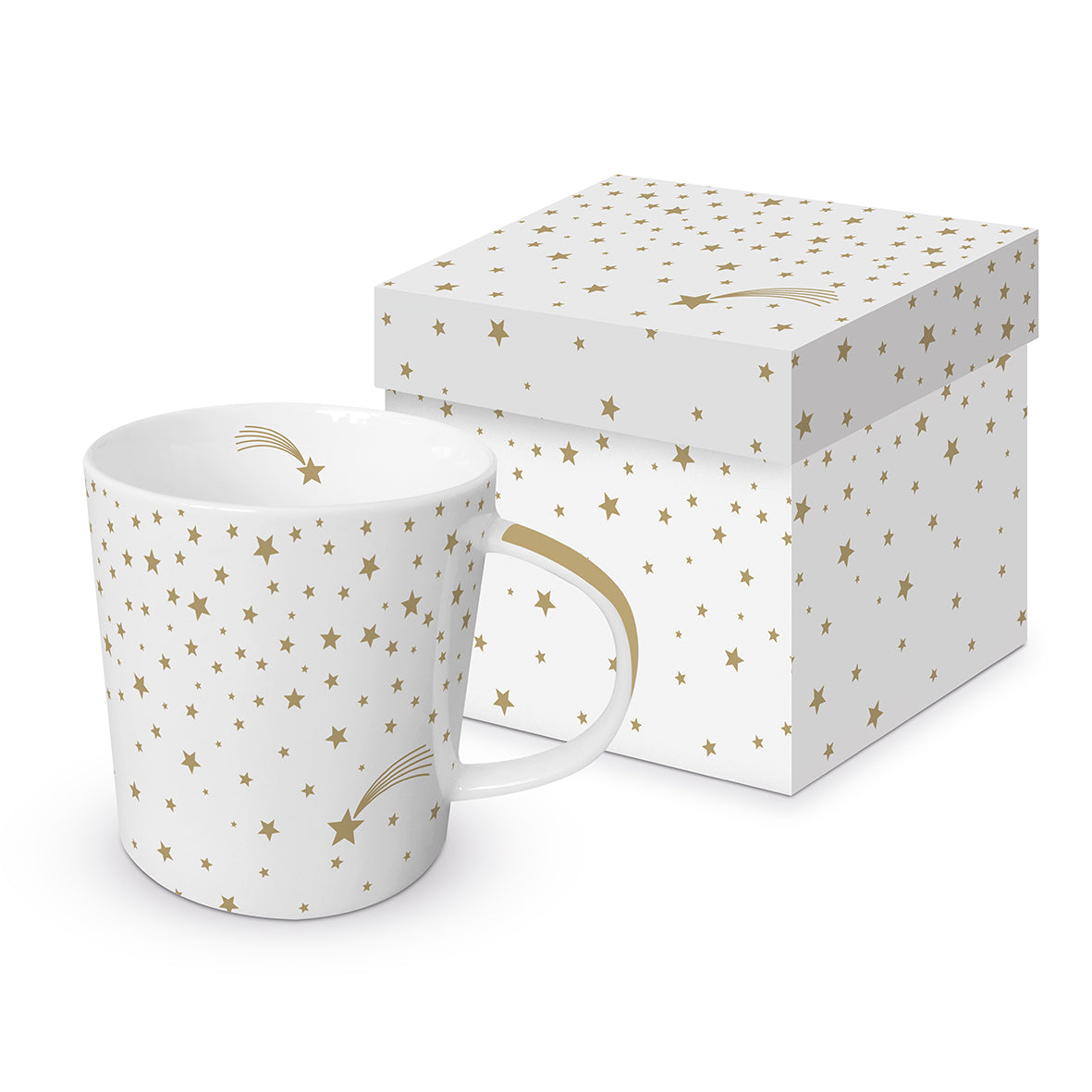 Henkelbecher Weihnachtsmotiv in creme mit Sternen und Sternschnuppe