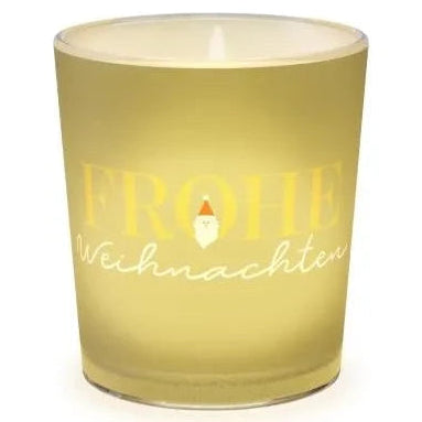 Warm leuchtendes hellgrünes Windlicht mit Schriftzug „Frohe Weihnachten“ und kleinem Weihnachtsmannmotiv