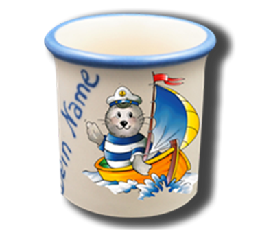 Handgemachter Eierbecher mit Seehund-Motiv Boot und Wunschname