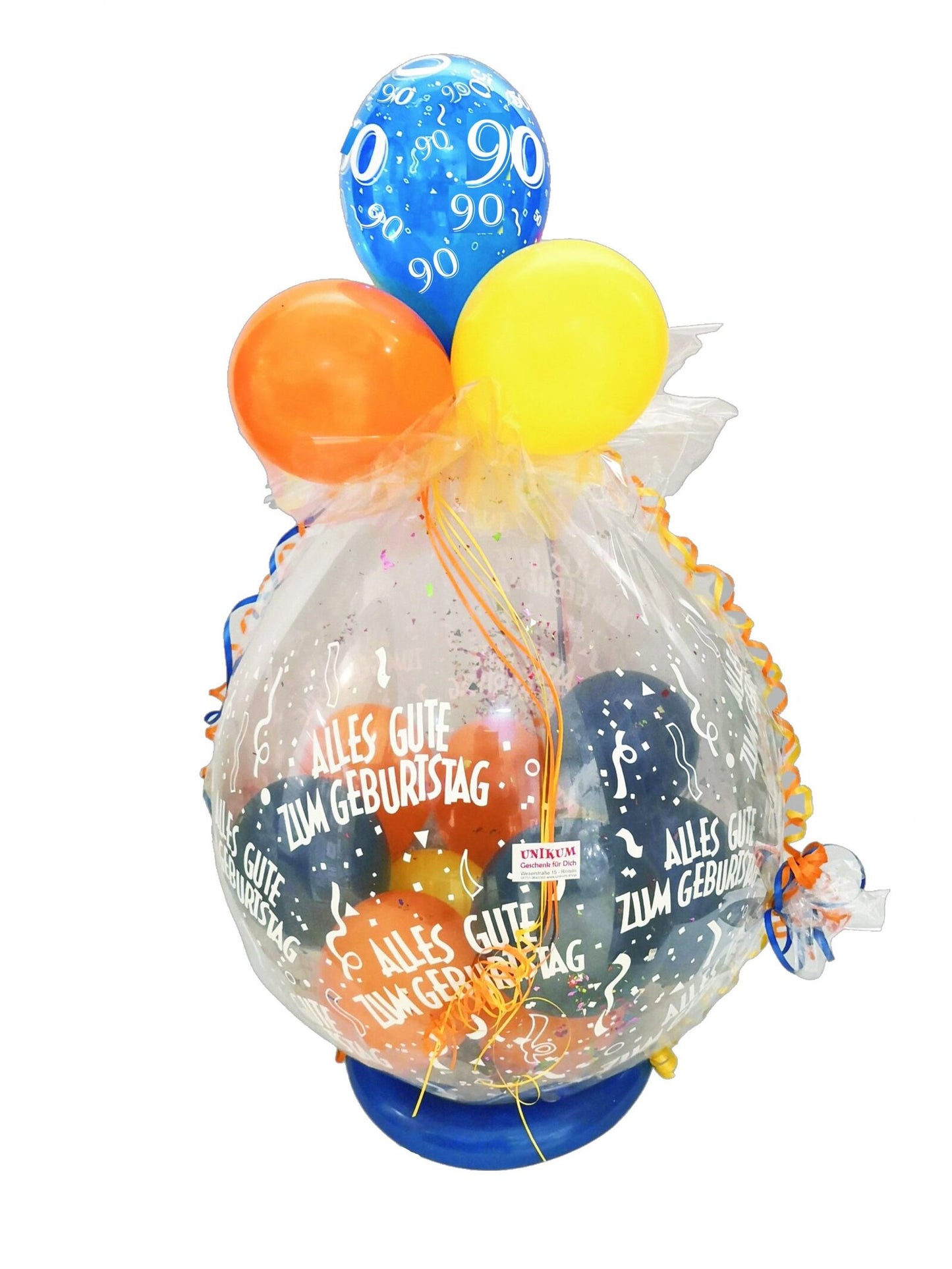 Geschenkballon in blau, gelb und orange verpackt in Folie zum 90. Geburtstag