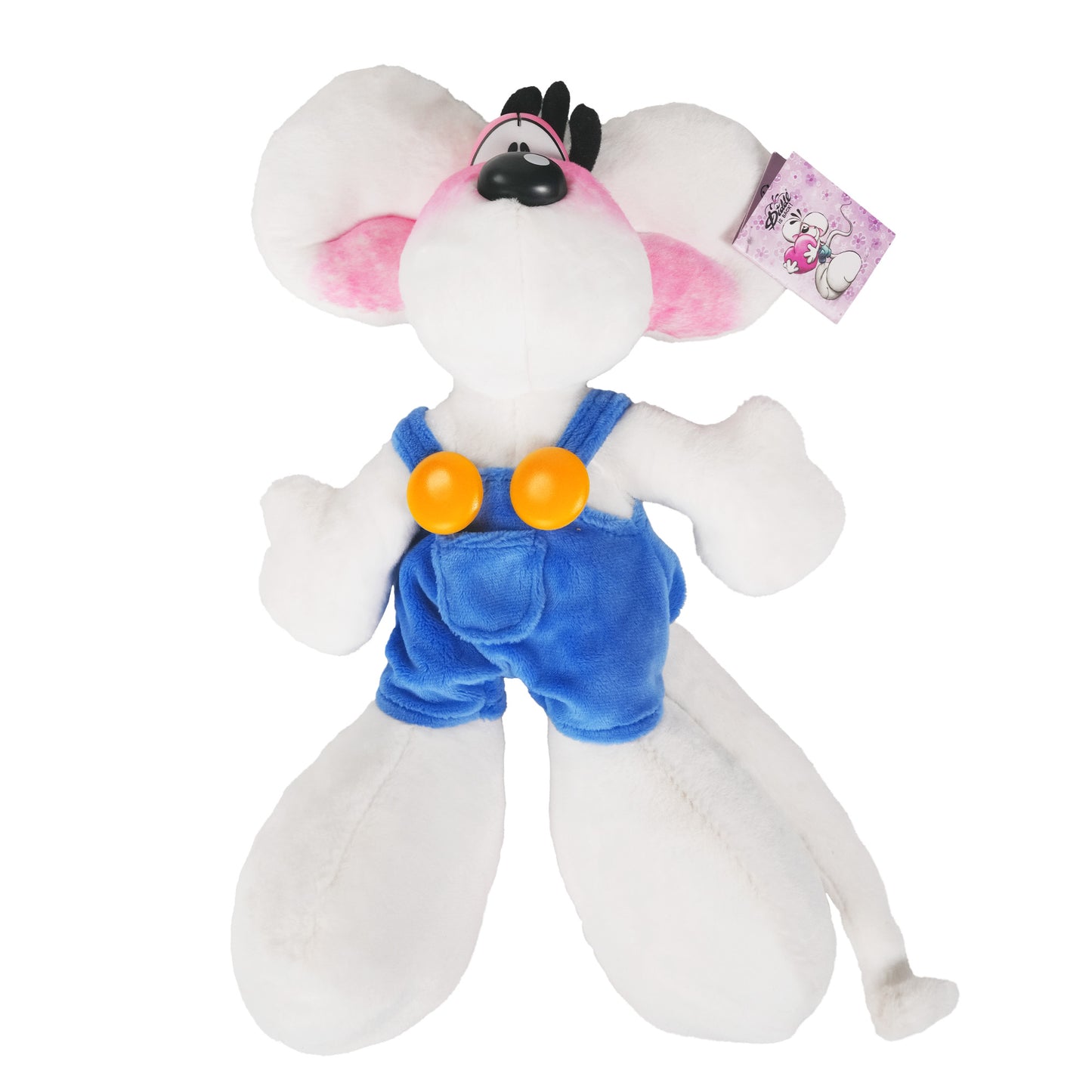 Diddl Plüschtier in blauer Latzhose, 30cm, von vorne stehend