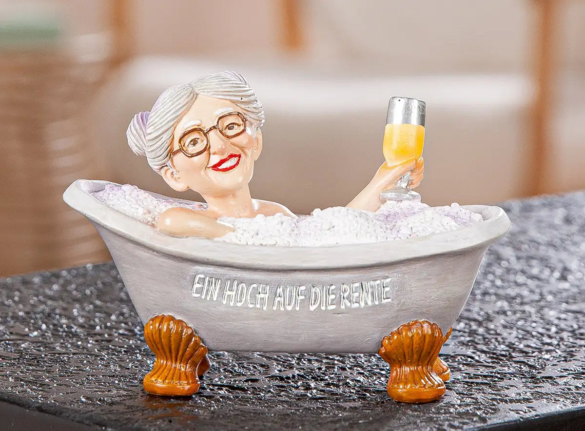 Figur Frau „Rente“ mit Schriftzug und Badewanne Mood