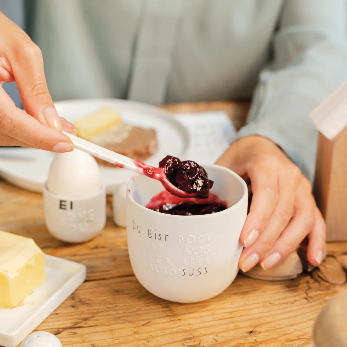 Zuckerdose "Du bist Süss" aus Porzellan und Holz
