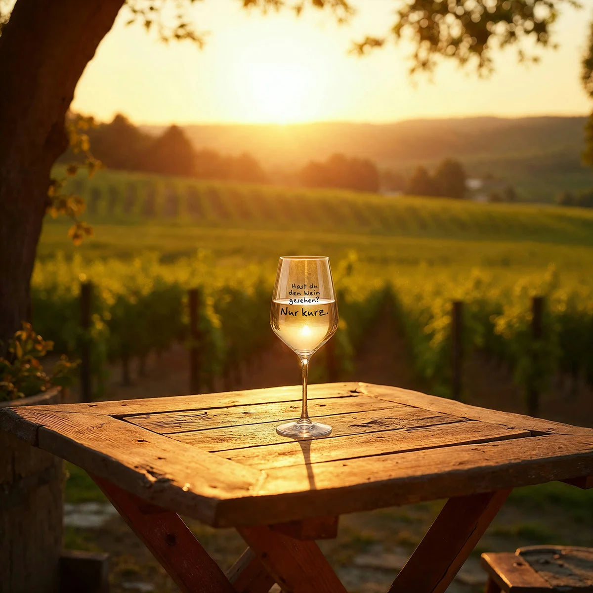 Weinglas mit Spruch „Hast du den Wein gesehen? Nur kurz.“ Mood