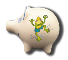 Handgemachtes Sparschwein Frosch (8 cm), mit Wunschnamen/Wunschtext