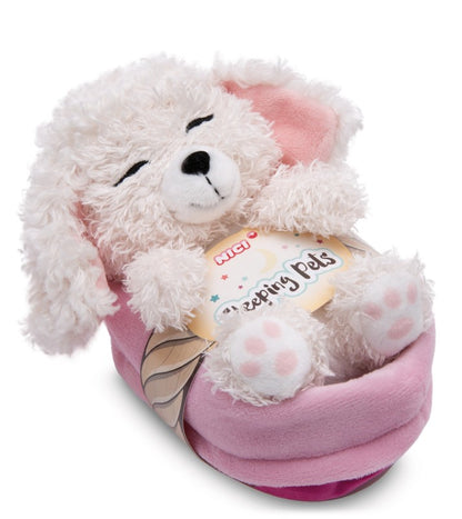NICI Kuscheltier schlafender Pudel im Körbchen - 12 cm/weiß