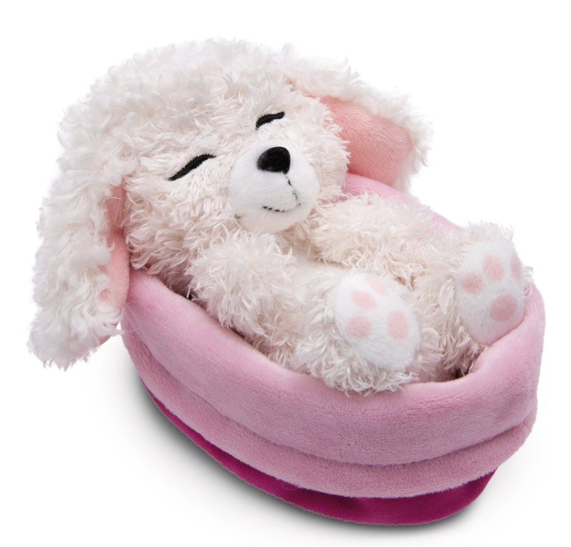 NICI Kuscheltier schlafender Pudel im Körbchen - 12 cm/weiß