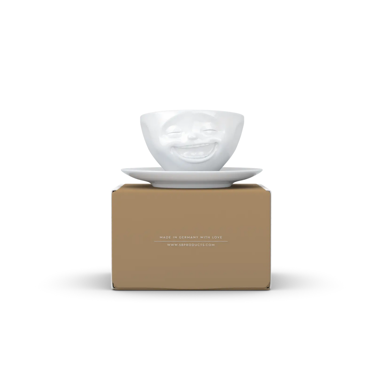 FiftyEight Kaffeetasse & Unterteller "Lachend" auf der Verpackung