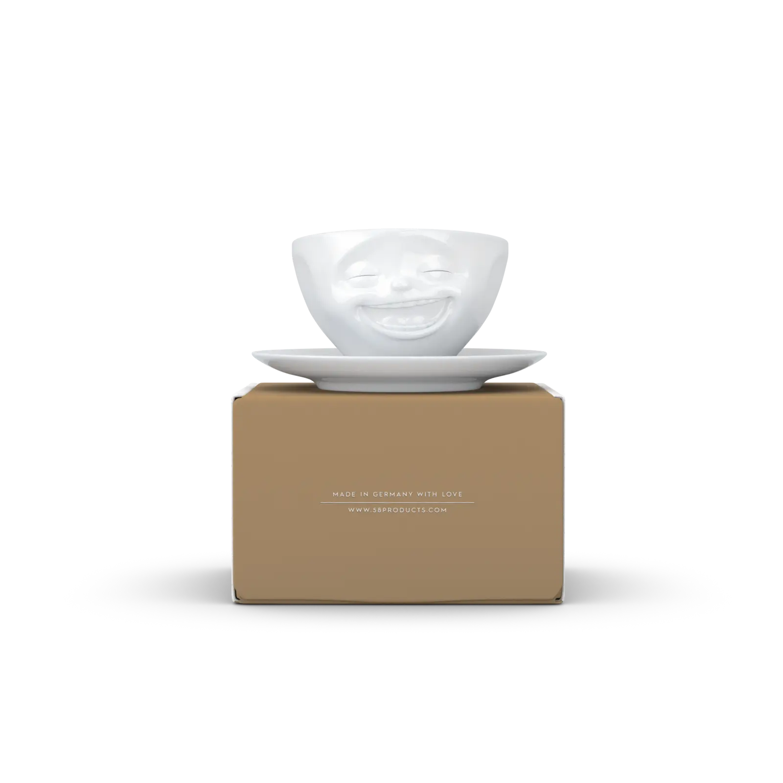 FiftyEight Kaffeetasse & Unterteller "Lachend" auf der Verpackung