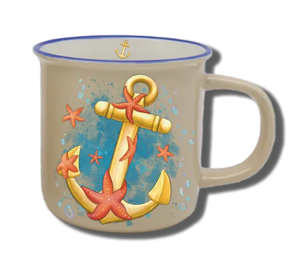 Handgemachte Tasse "Anker & Seestern" mit Wunschname