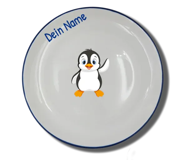 Handgemachter Teller (Ø 20cm) "Pinguin" Natur mit Wunschname