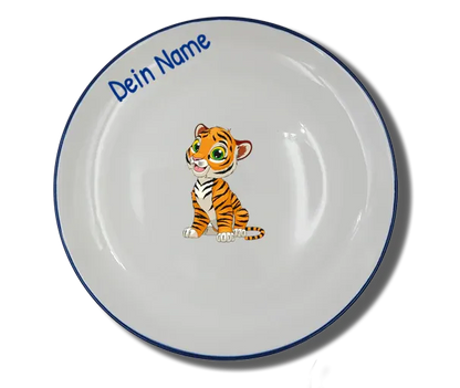 Handgemachter Teller (Ø 20cm) "Tiger" Natur mit Wunschname