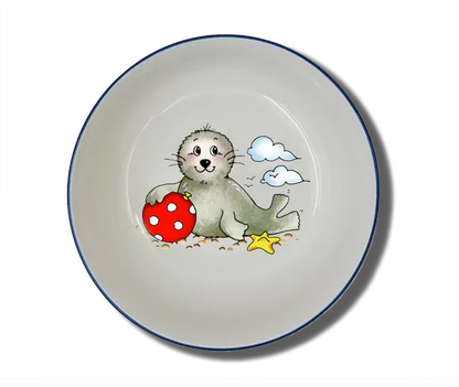 Handgemachte Schale Natur (Ø 15cm) "Seehund mit Ball" mit Wunschname