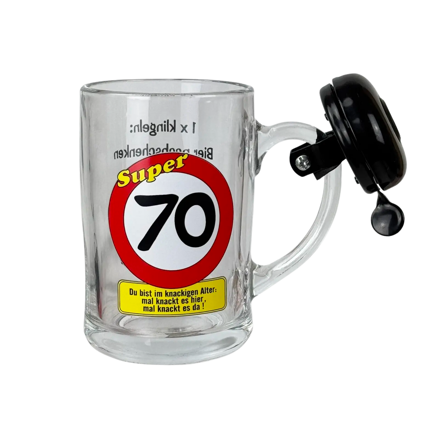 Bierkrug mit Klingel "70. Geburtstag"