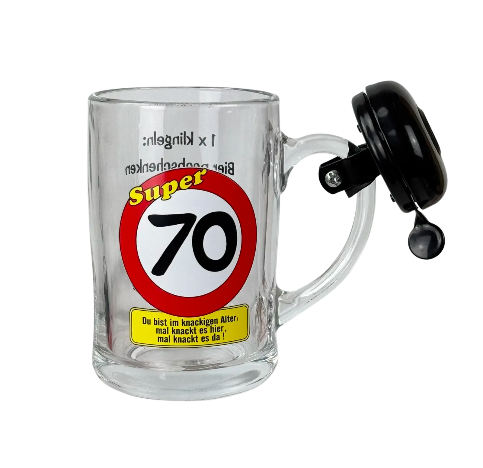 Bierkrug mit Klingel "70. Geburtstag"