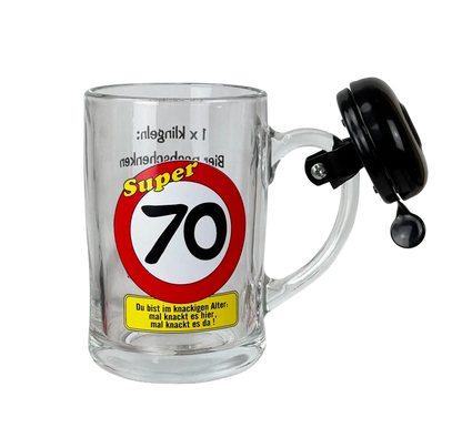 Bierkrug mit Klingel "70. Geburtstag"