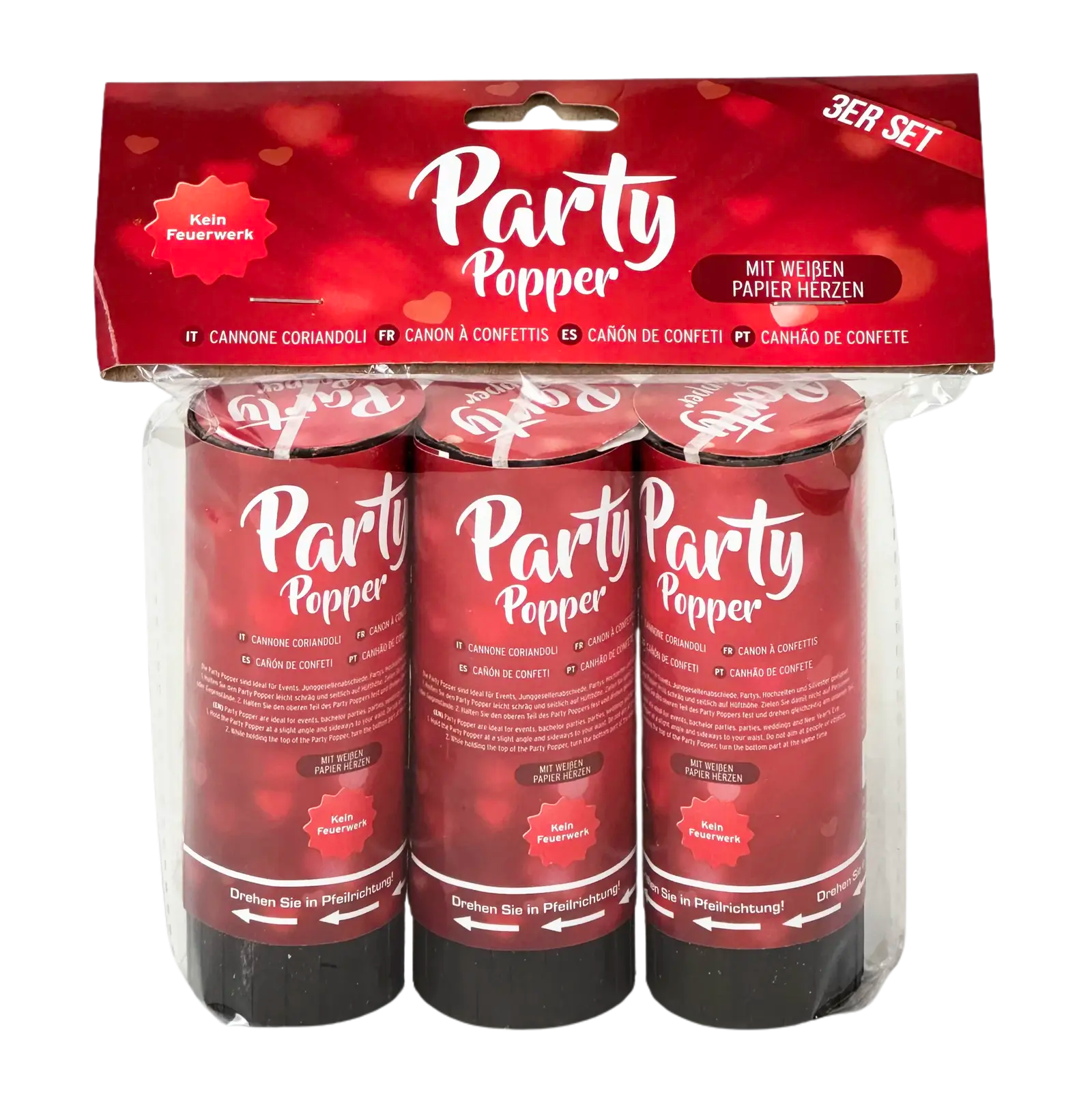 Party Popper "Weiße Herzen", 3er Set