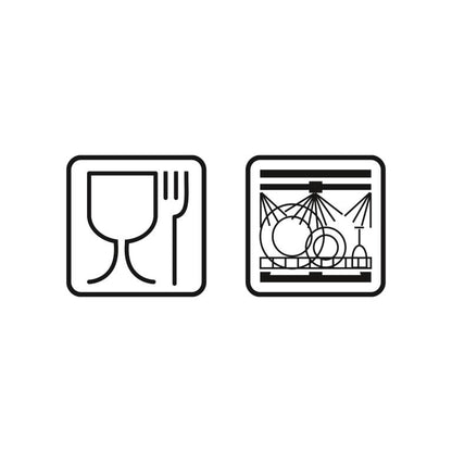 Symbole für "Lebensmittelecht" und "Spülmaschinengeeignet"