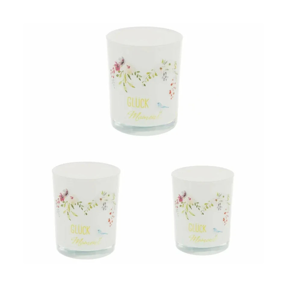 CEPEWA Teelichtglas "GLÜCK Moment" mit Blumen und Vogel