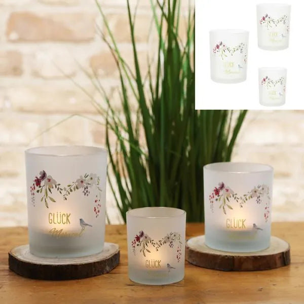CEPEWA Teelichtglas "GLÜCK Moment" mit Blumen und Vogel