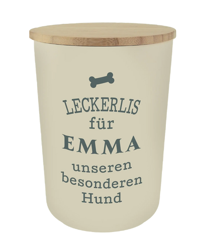 Personalisierte Vorratsdose für Hundeleckerlis mit Namen und Sprüchen