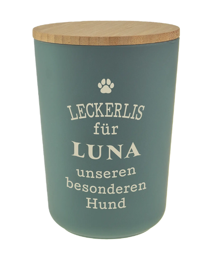 Personalisierte Vorratsdose für Hundeleckerlis mit Namen und Sprüchen