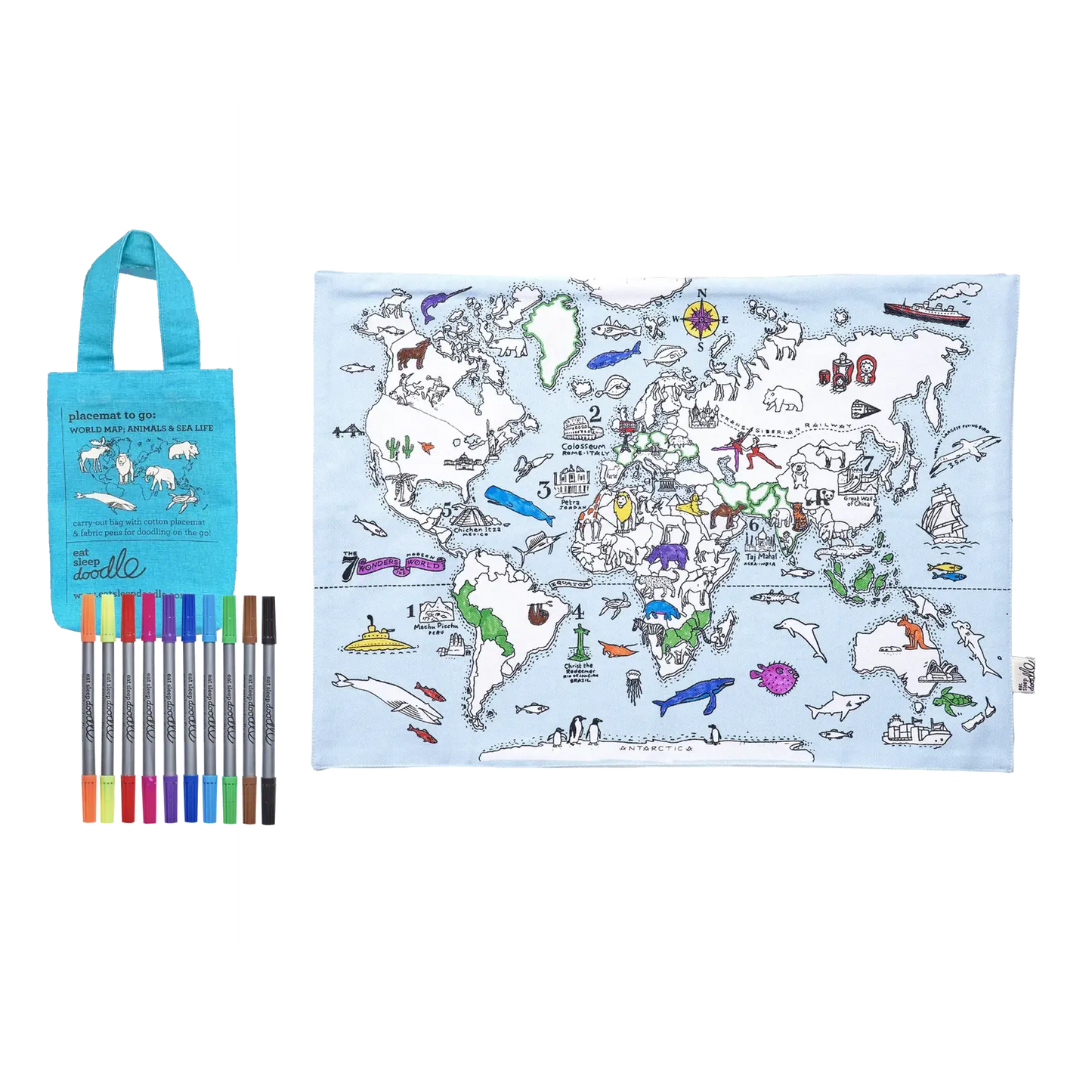 Tischset - Weltkarte mit Tieren und Meeresbewohner - ausmalbar, Oberseite mit der Weltkarte