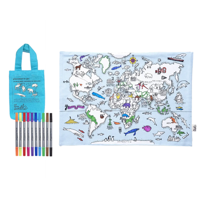 Tischset - Weltkarte mit Tieren und Meeresbewohner - ausmalbar, Oberseite mit der Weltkarte