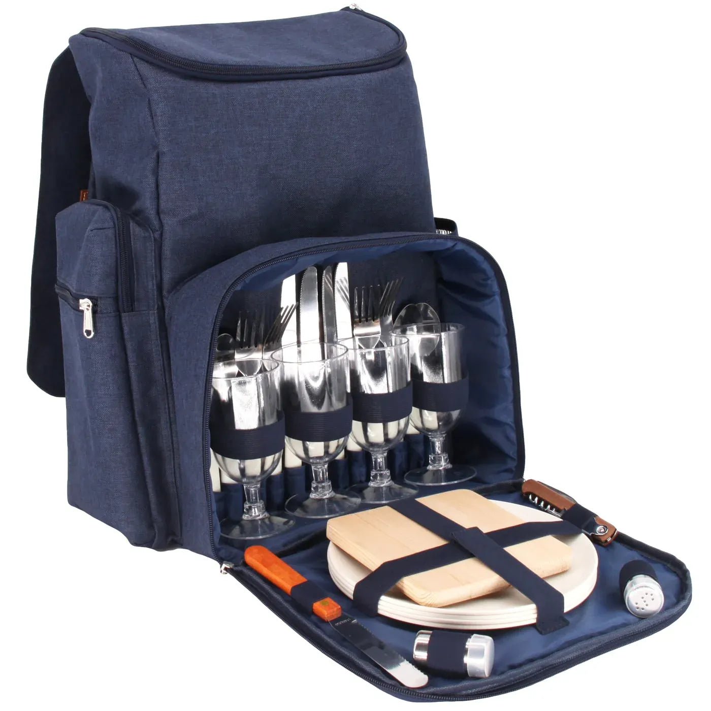 Picknickrucksack "Escapade" für 4 Personen, mit geöffneter Fronttasche mit dem Zubehör