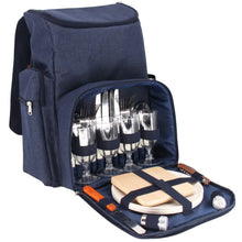 Picknickrucksack "Escapade" für 4 Personen, mit geöffneter Fronttasche mit dem Zubehör