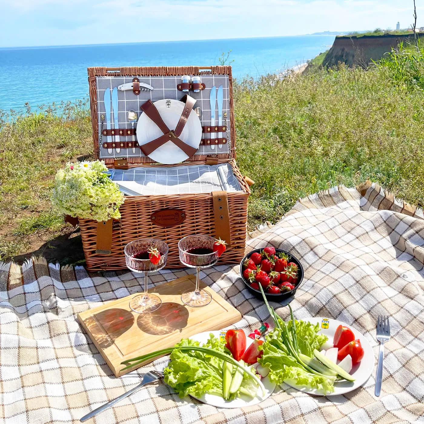 Zeigt den Picknickkorb ‚Concorde‘ für 4 Personen bei der Nutzung in der Natur