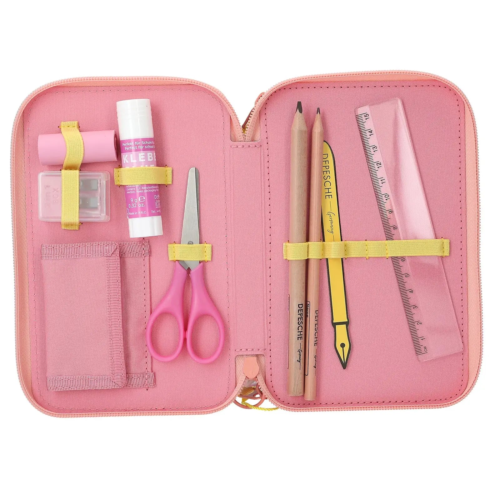 Aufgeklappte TOPModel 3-Fach-Federtasche JUICY mit Zubehör wie Schere, Lineal, Radiergummi, Kleber, Bleistiften und Anspitzer