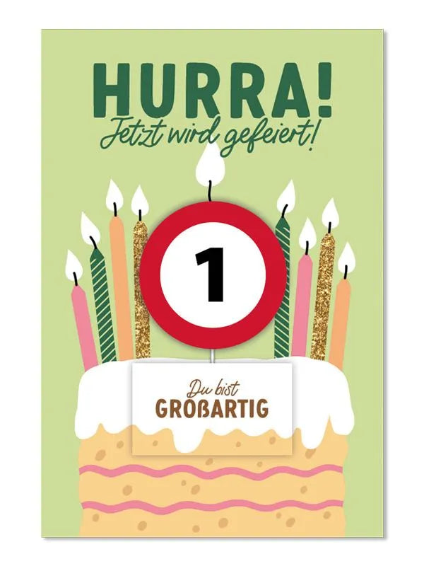 Grußkarte mit Kerze und Geburtstagszahl von 1 bis 80