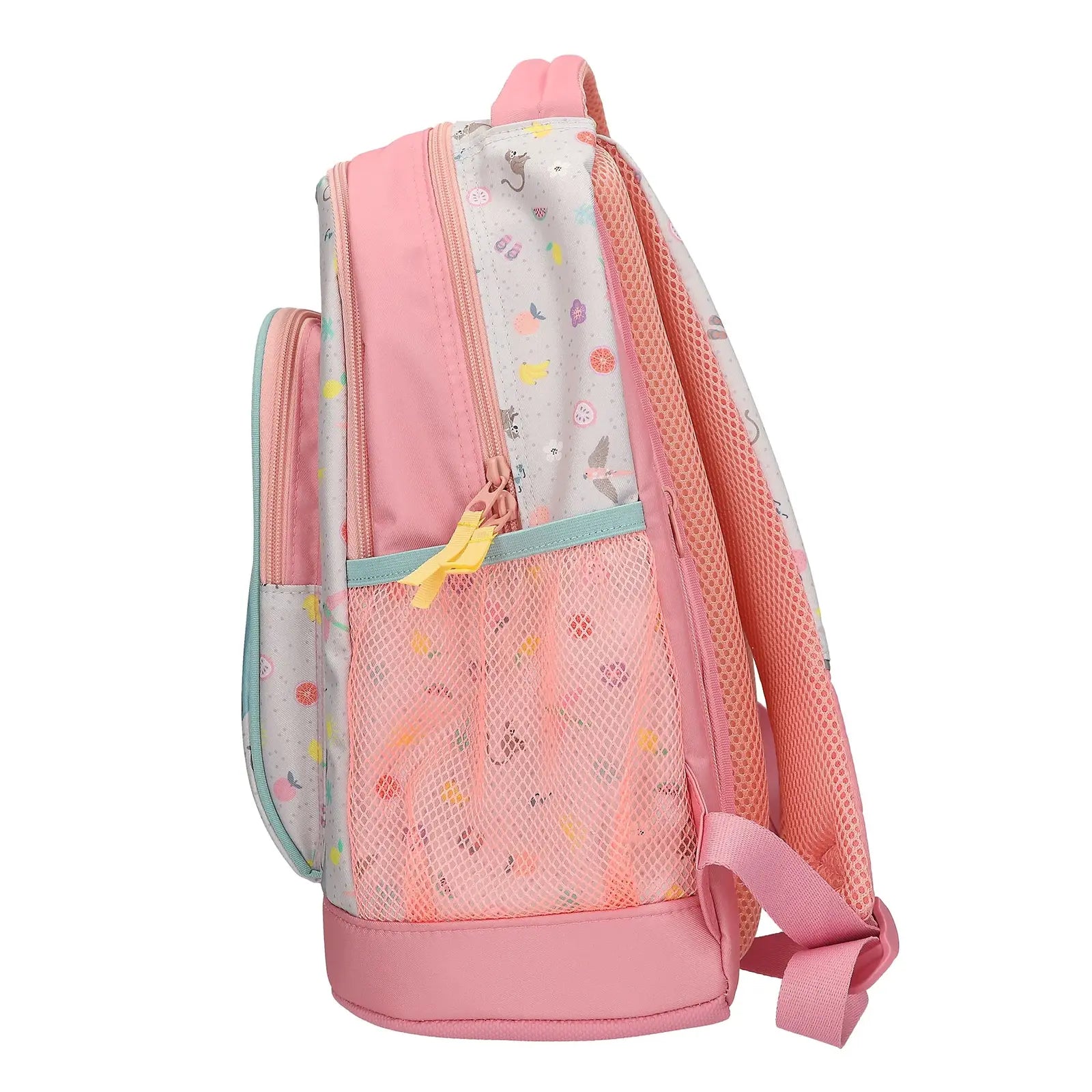 Zeigt die seitliche Netztasche vom TOPModel Schulrucksack JUICY