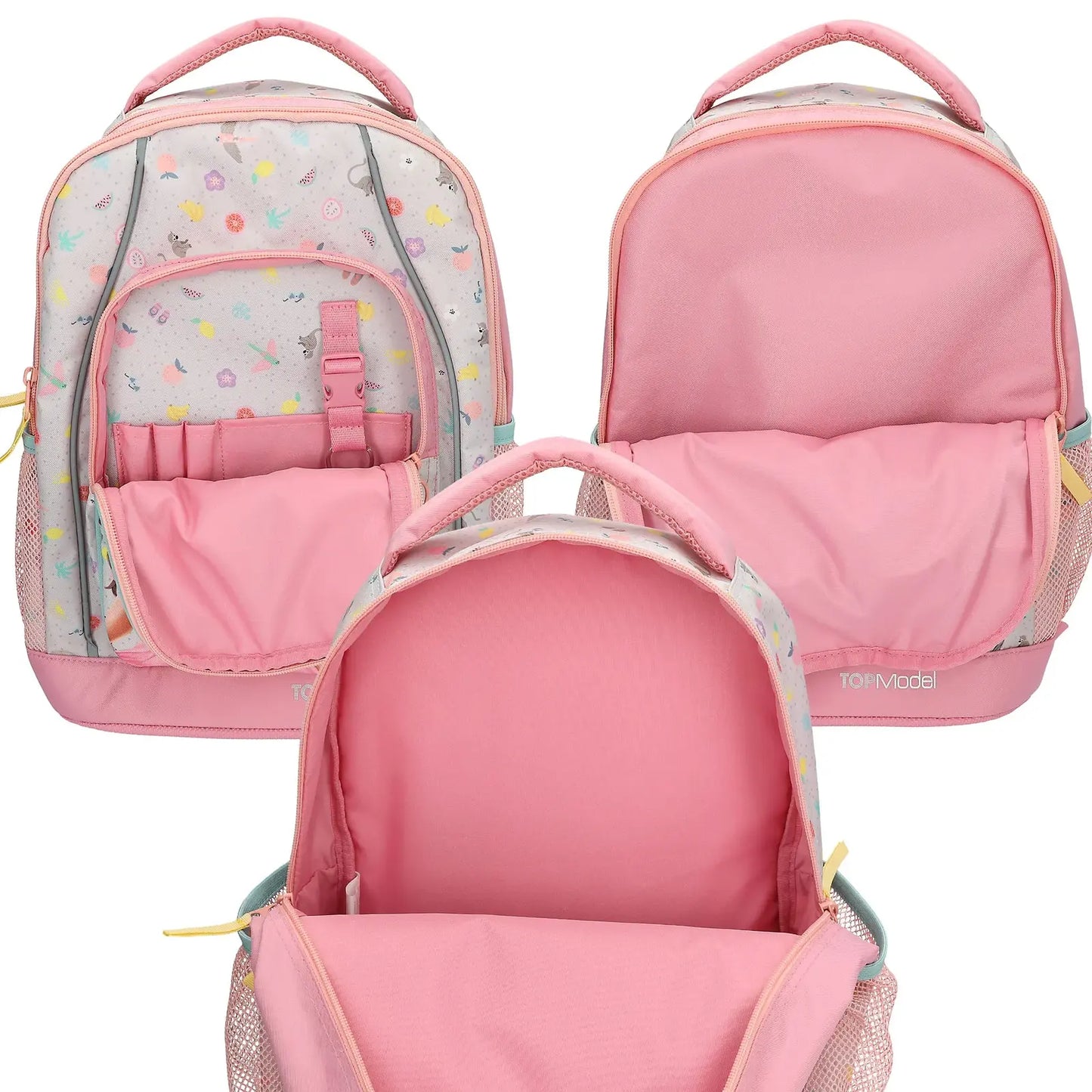 Zeigt vom TOPModel Schulrucksack JUICY die verschiedenen Taschenöffnungen auf der Front