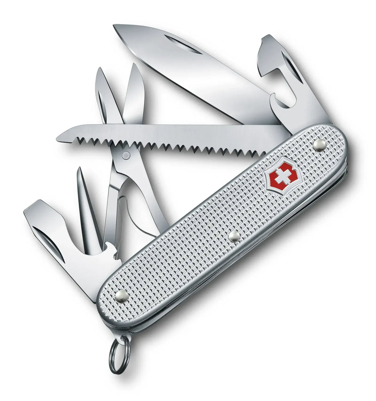 Zeigt das Schweizer Taschenmesser Farmer X Alox von Victornox mit ausgeklappten Werkzeugen