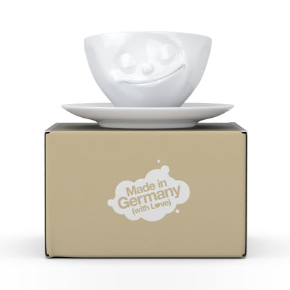 FiftyEight Kaffeetasse "Glücklich", Front mit Kartonage