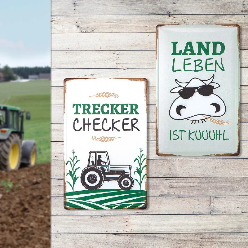Blechschild "Landleben" mit Traktor- oder Kuhmotiv, Stimmungsbild