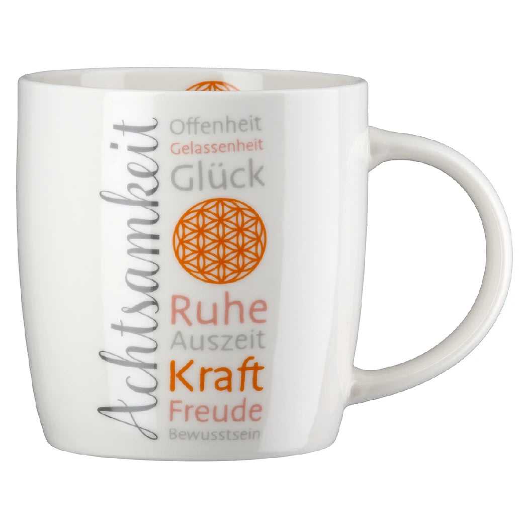 Becher "AchtsamZeit" aus Porzellan mit Blume des Lebens