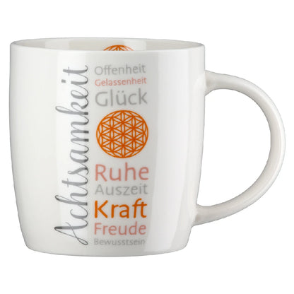 Becher "AchtsamZeit" aus Porzellan mit Blume des Lebens