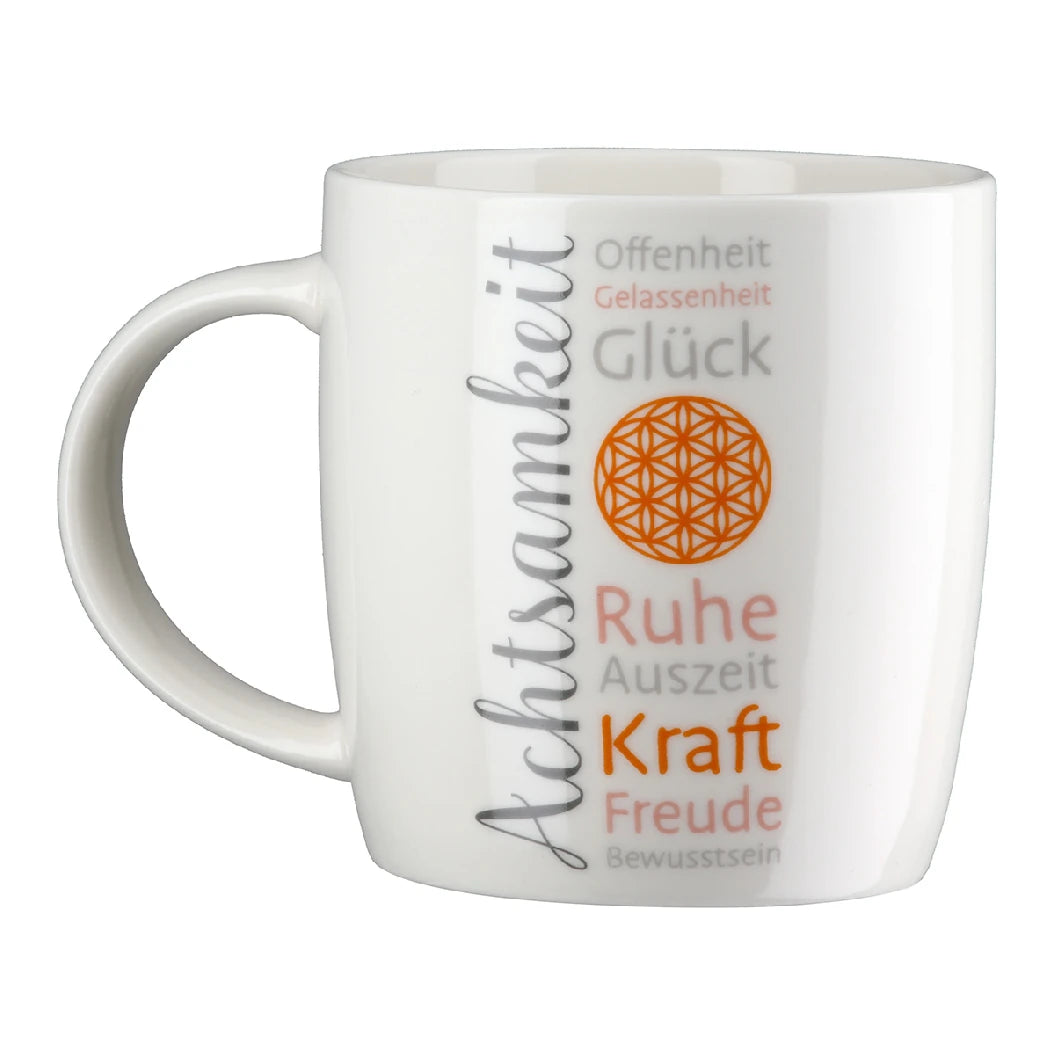 Becher "AchtsamZeit" aus Porzellan mit Blume des Lebens