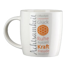 Becher "AchtsamZeit" aus Porzellan mit Blume des Lebens