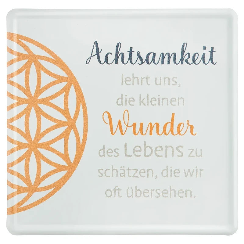 Blechschild "AchtsamZeit" mit Blume des Lebens in Orange